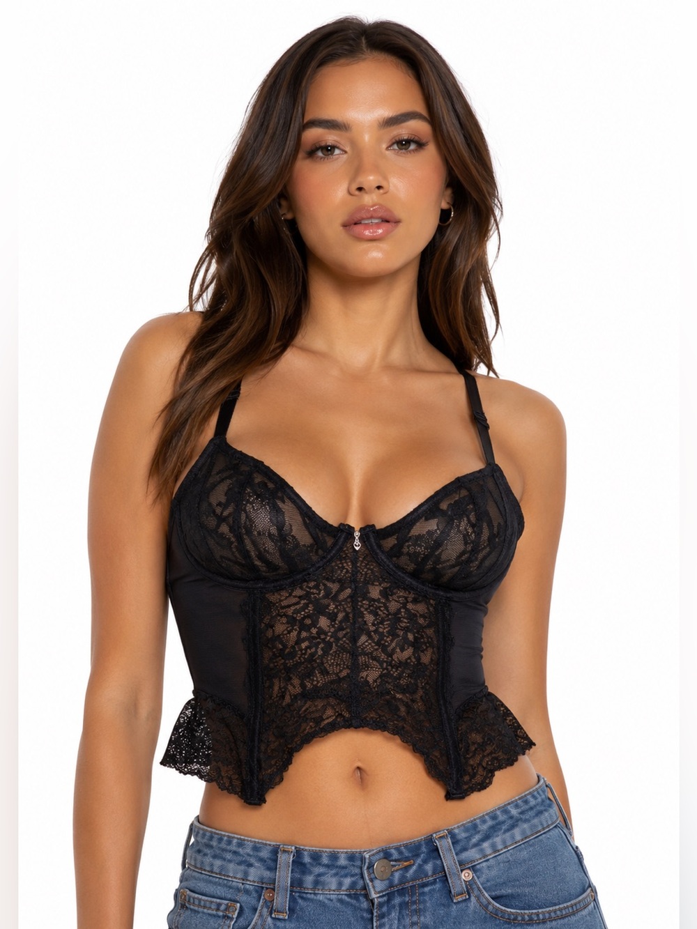 90s European Vintage Pour Moi Lace & Mesh Corset w Charm (Black) M-L/36D
